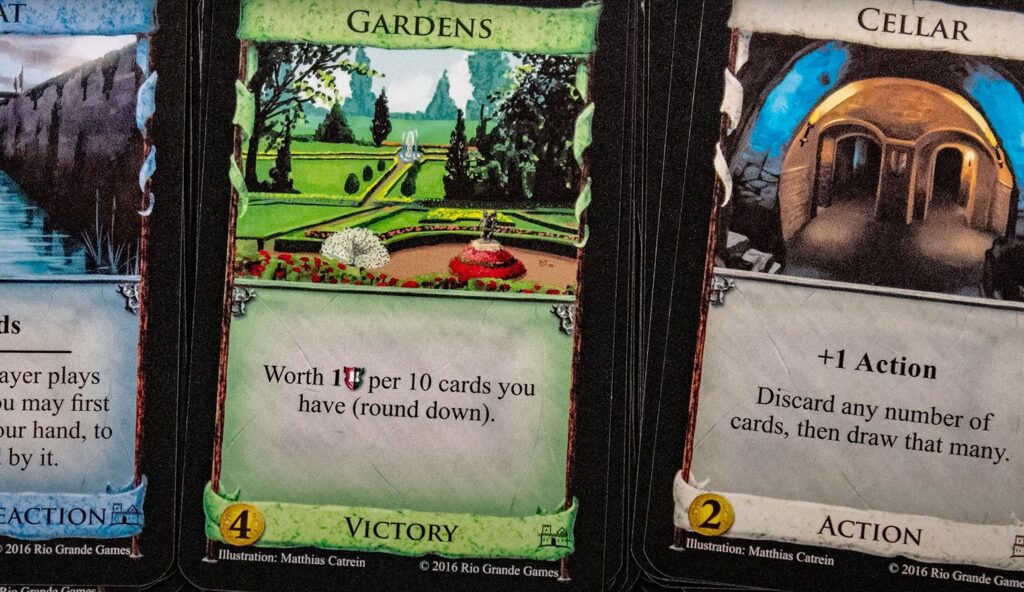 Gardens, Cellar and Moat cards from the Dominion boardgame