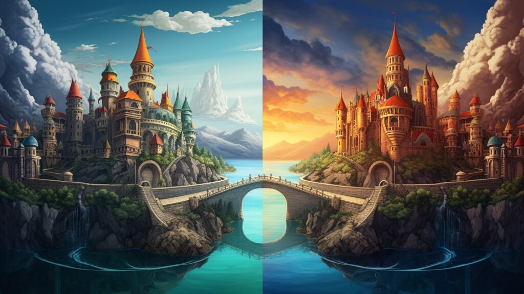 two fantasy castles divided by split