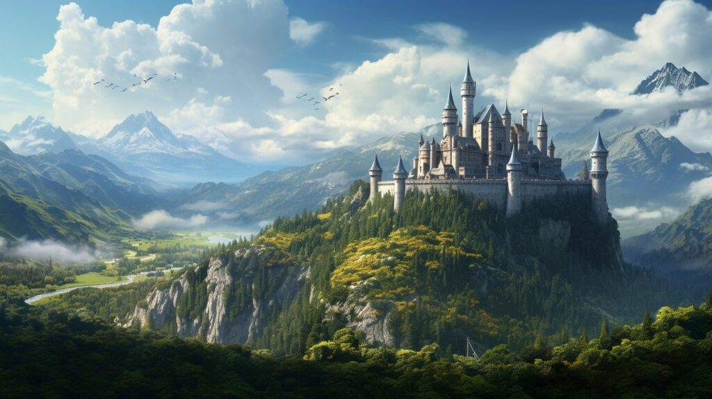 magnificent fantasy castle in the bright and beautiful mountains