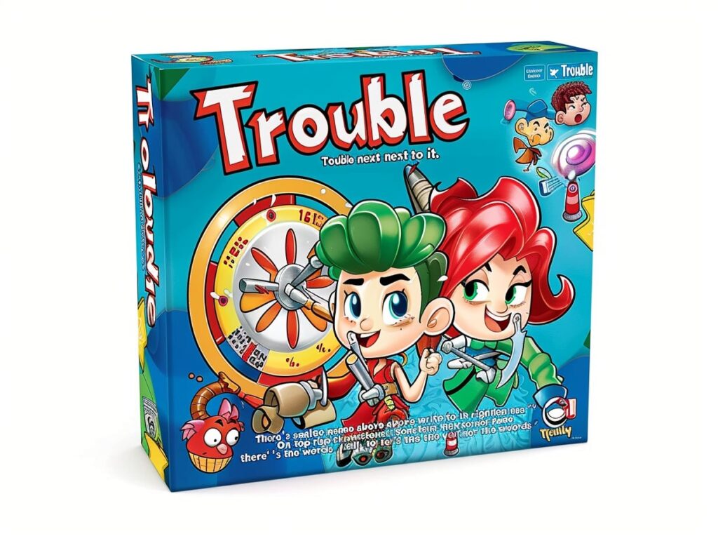 colourful concept art for Trouble board game box
