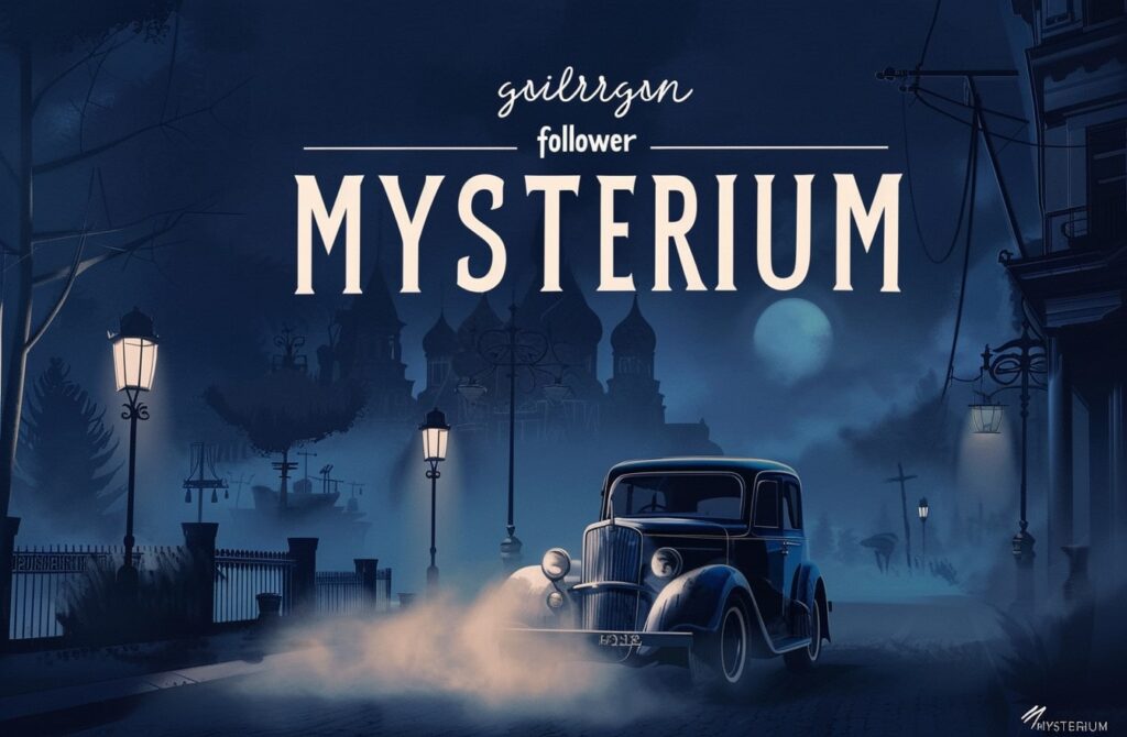 Mysterium board game concept art: vintage car moving through the mystery fog