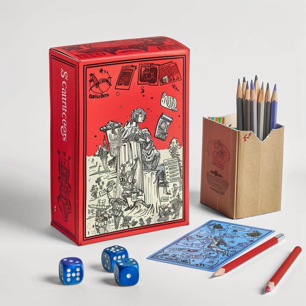 concept art of Scattergories game box with set of pencils and dices